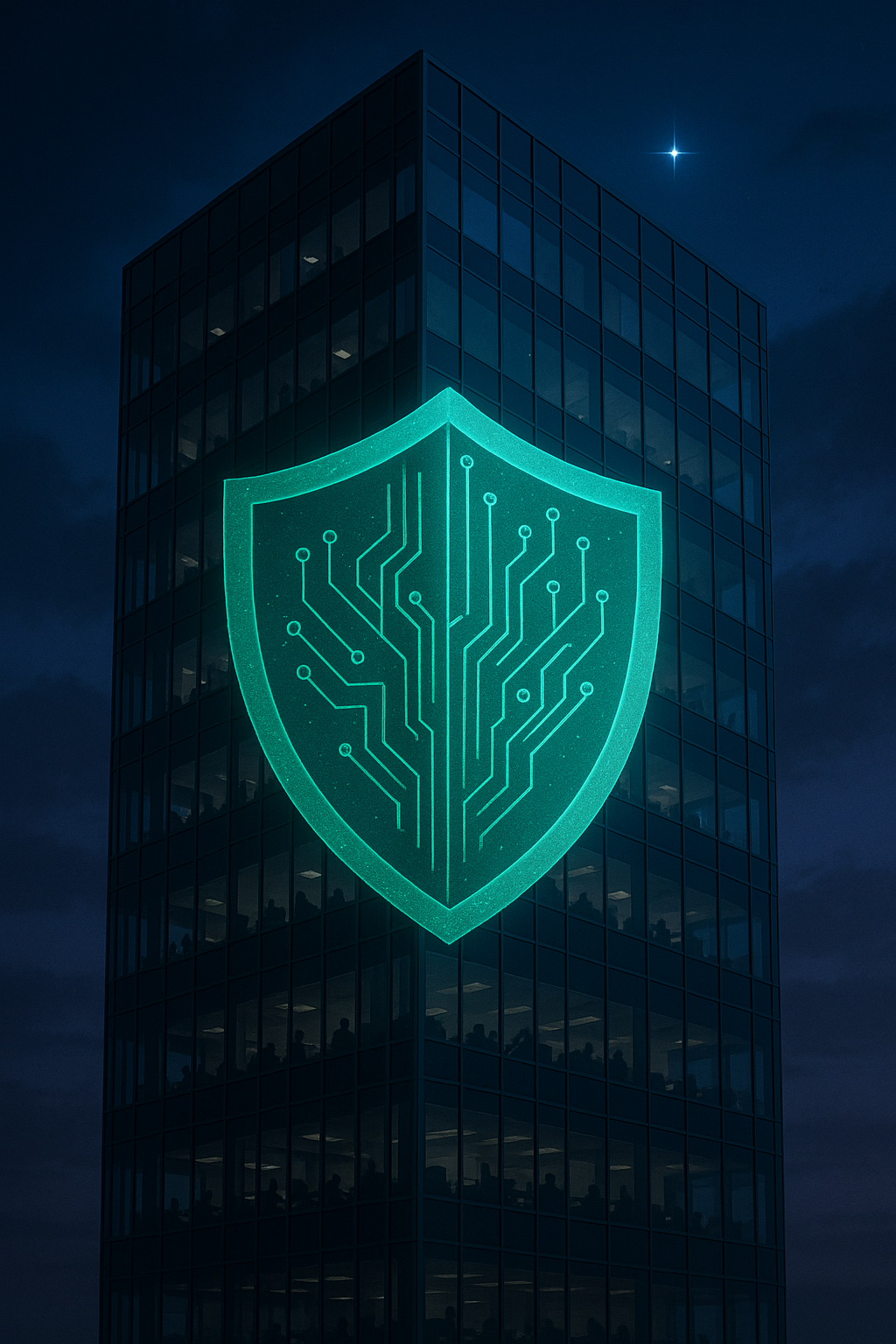 Futuristic Digital Shield Over a Corporate Office Protecting Employee Data