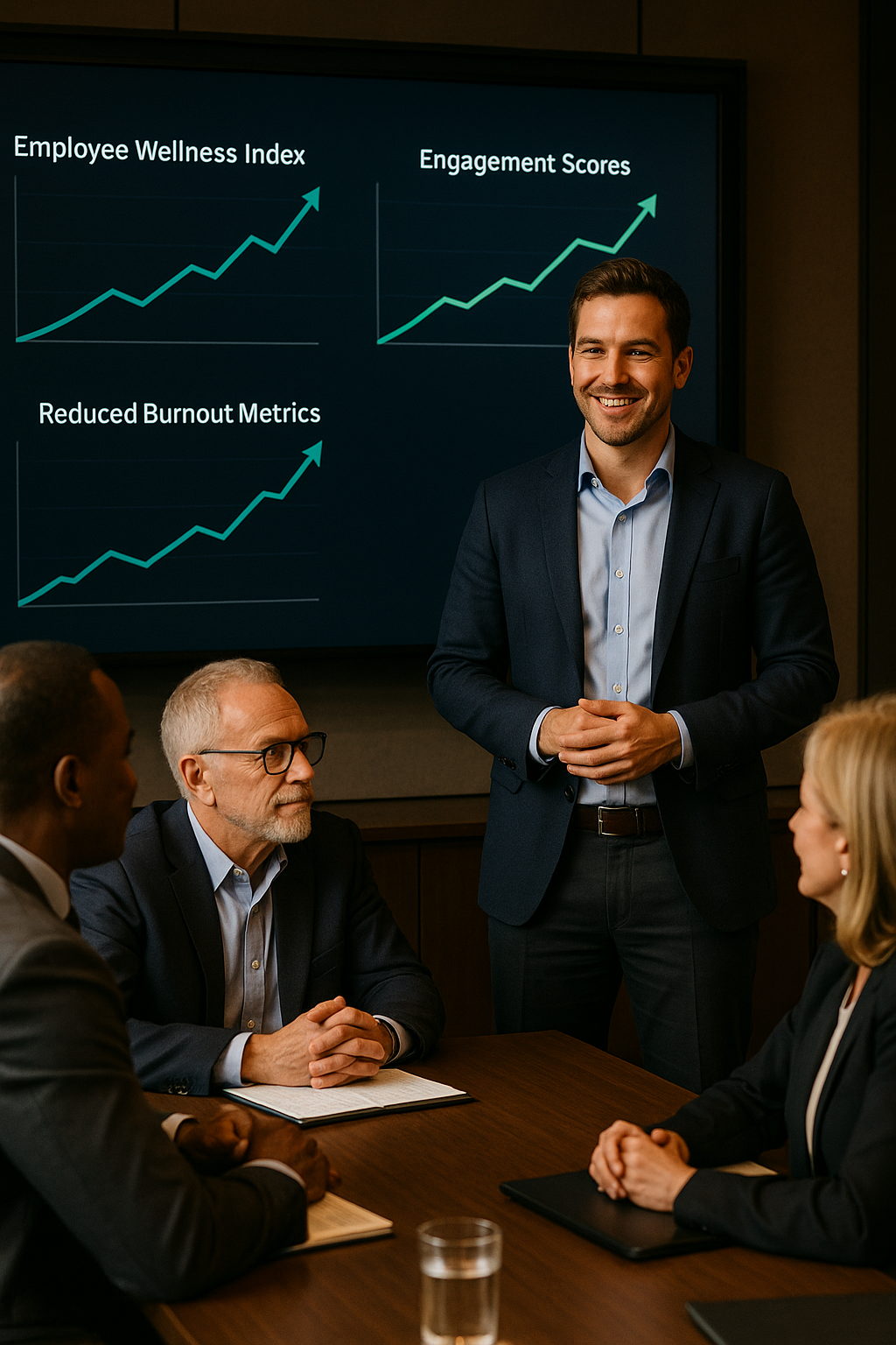 Executive Reviewing Emotional Fitness Dashboard with Rising Metrics in a High-Rise Office
