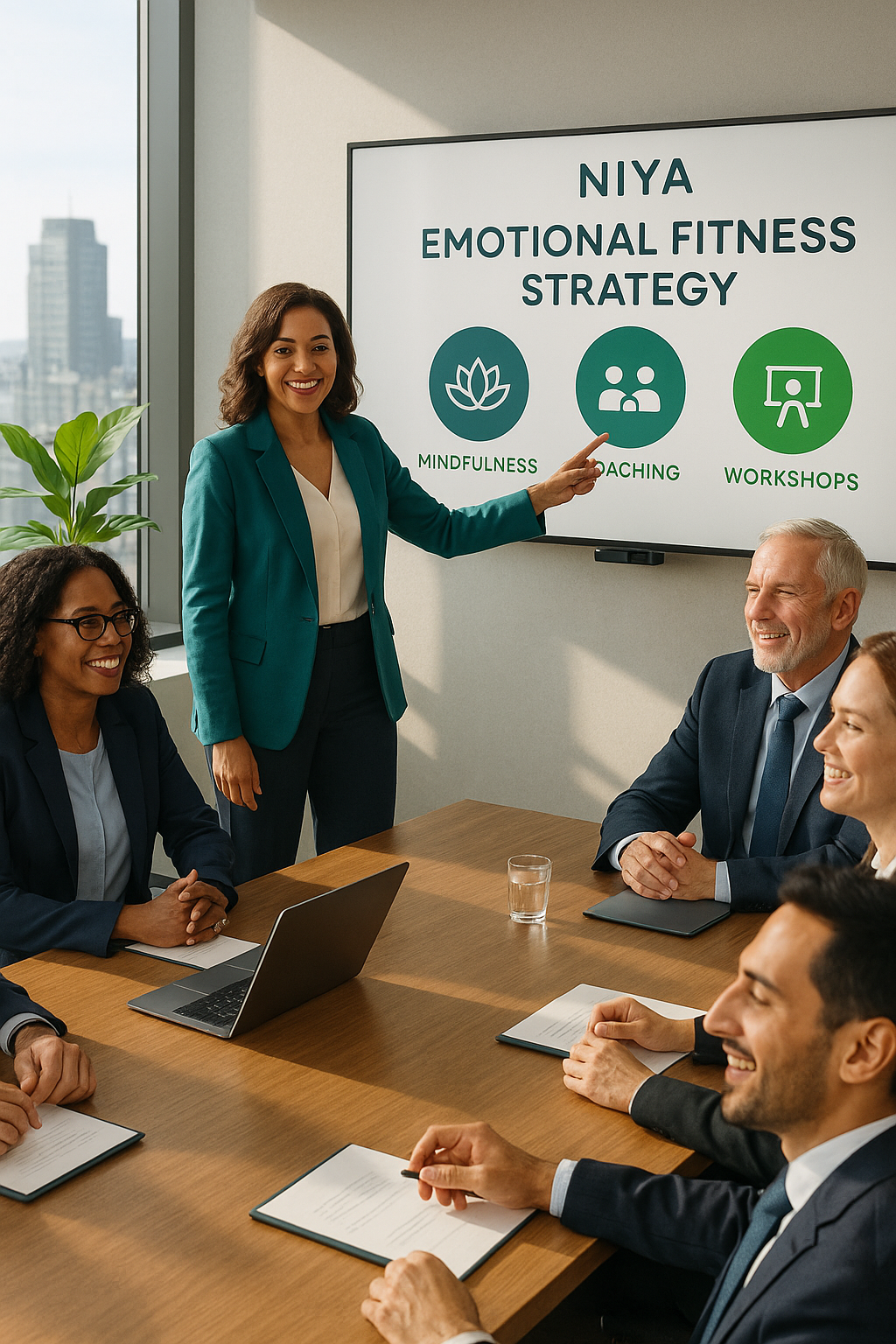 Modern Boardroom with Diverse Team Collaborating on Emotional Fitness Strategy
